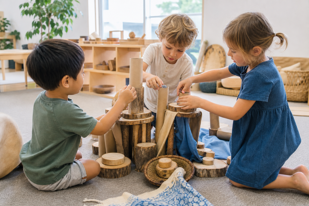Young children creating an imaginative construction with wooden pieces, fabric, tubes and baskets.