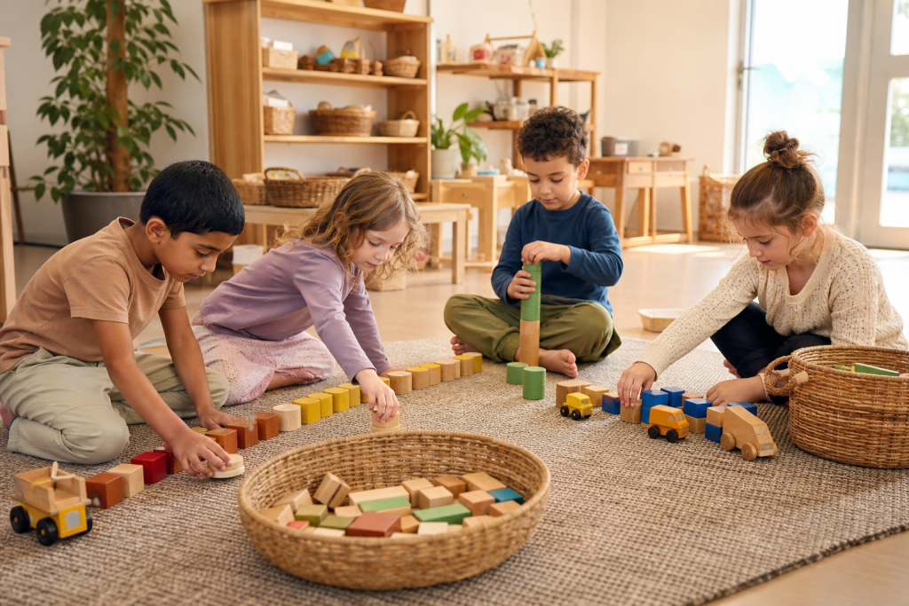 Preschool children exploring repeated patterns with blocks, containers and toy vehicles during open-ended play.